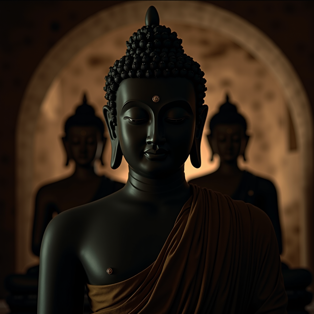 A serene Buddha statue beautifully illuminated against a softly blurred background of similar figures.