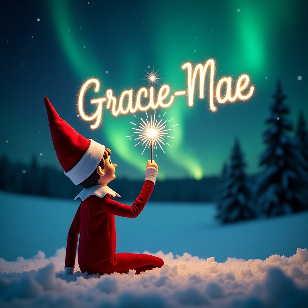 This image showcases an elf on the shelf positioned with its back to the viewer. The elf, dressed in a traditional red outfit, is facing up towards a beautiful dark sky filled with vibrant northern lights. With a magic wand in hand, it is elegantly writing the name Gracie-Mae in sparkling letters against the backdrop. The snowy ground adds a serene touch to the magical scene. The overall atmosphere is filled with wonder and holiday joy, perfect for capturing the essence of Christmas.