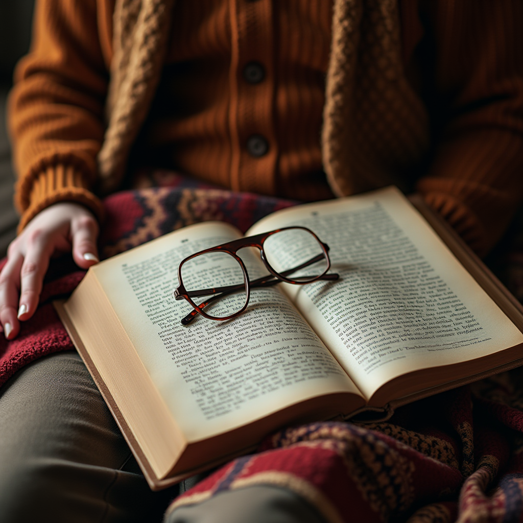 A pair of glasses rests on an open book, with a person wearing a warm sweater, wrapped in a patterned blanket.