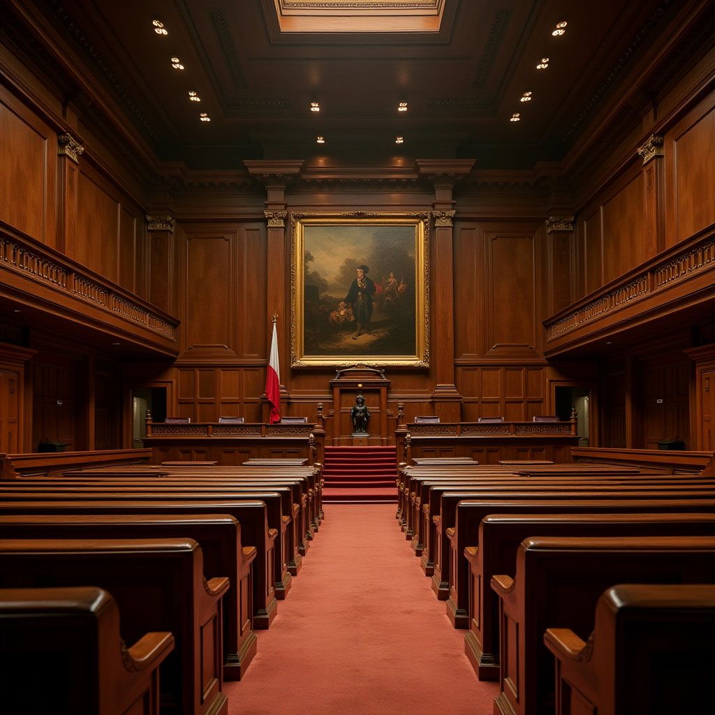 A grand courtroom interior with wooden paneling, red carpet, and a large painting behind the judge's bench.