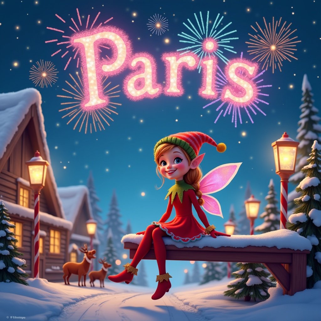 In a winter wonderland, a girl fairy elf named Paris sits cheerfully on a shelf. The setting is magical, with snow-covered ground and twinkling lights all around. Above her, dazzling fireworks spell her name in vibrant colors. Candy cane street lamps line the path, adding to the festive cheer. In the background, Santa's workshop and reindeer create a joyful atmosphere. The scene captures the true spirit of Christmas, inspiring joy and wonder.