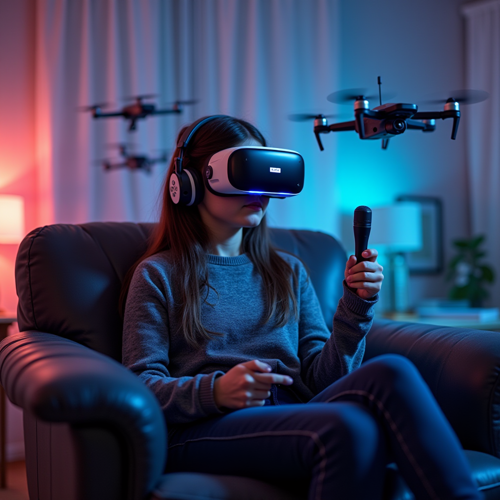 A person using VR gear and controlling a drone in a tech-lit room.