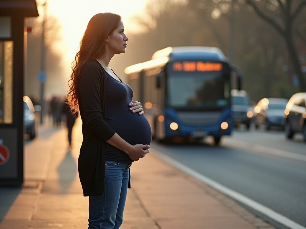 A pregnant woman stands at a city bus stop during sunset, with a bus approaching in the background.