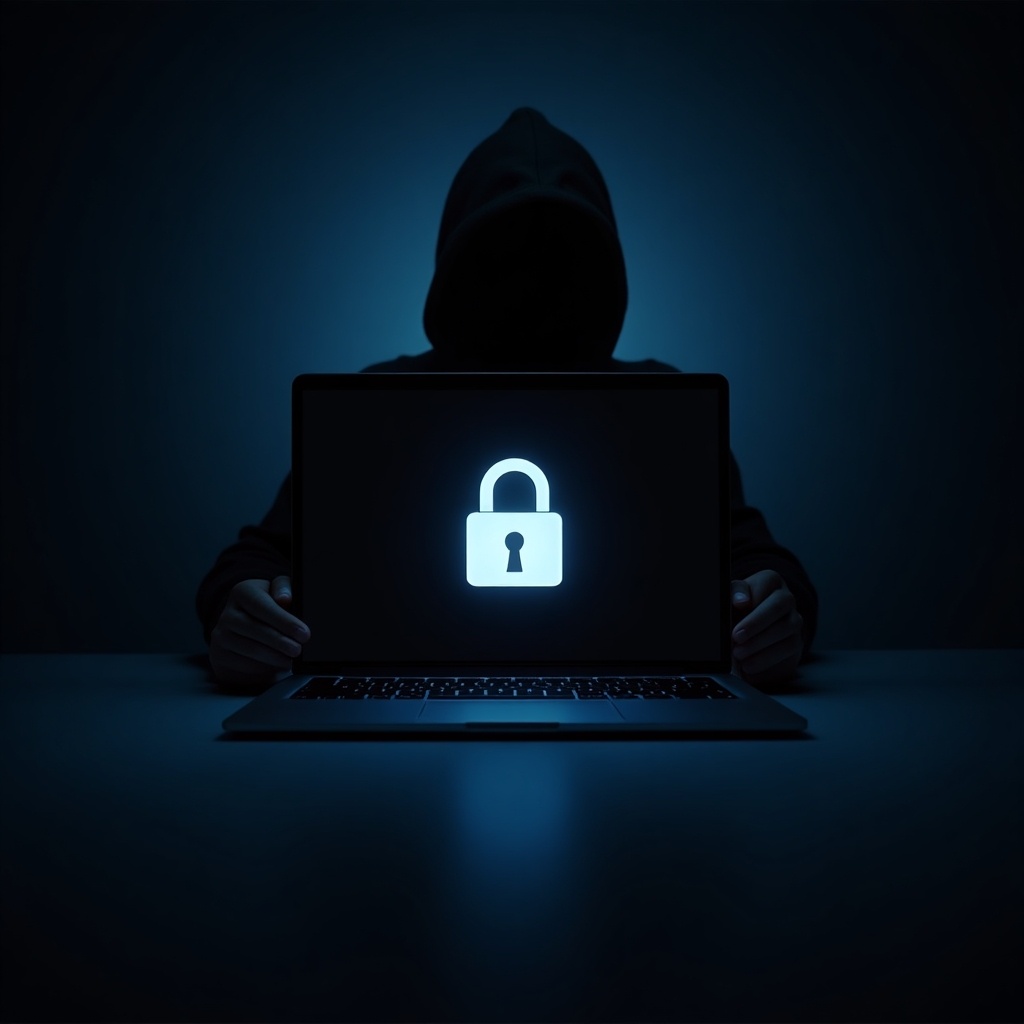 A dark scene featuring a shadowy figure holding a laptop. The laptop screen displays a bright lock symbol, representing cybersecurity and data protection. The background is dimly lit, enhancing the focus on the screen. This image conveys themes of internet safety and the importance of securing personal information. It evokes a sense of caution and awareness about online threats.