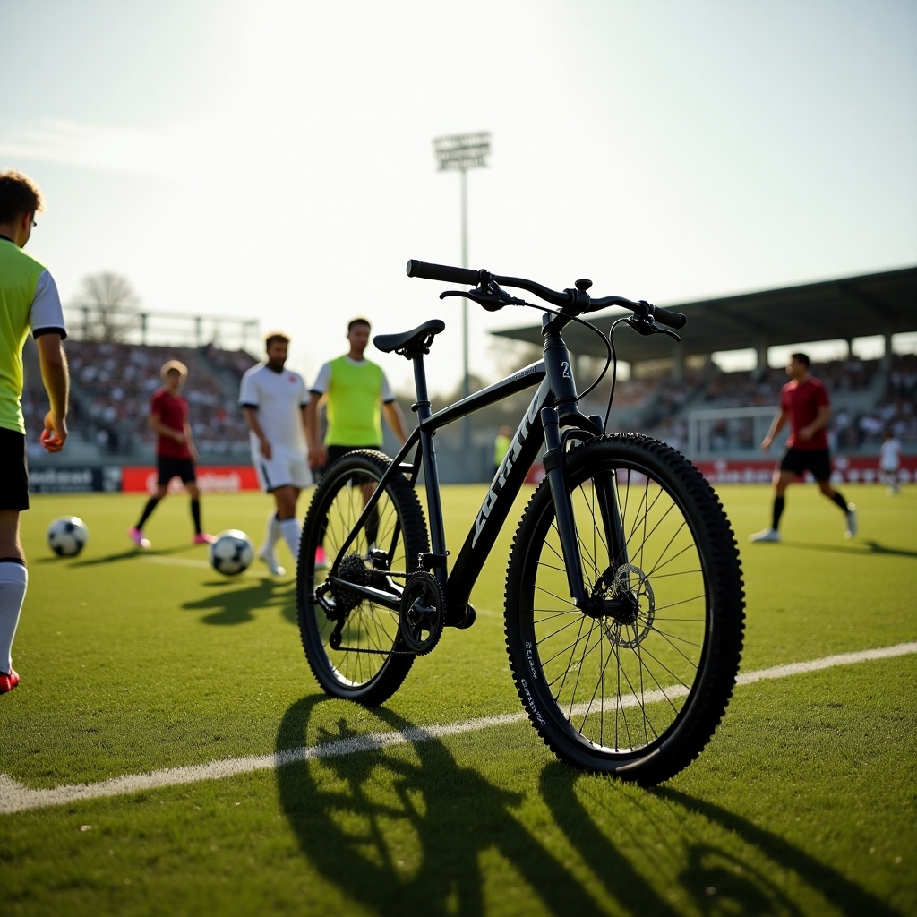 The image features a black bicycle prominently displayed on a soccer field during a game. In the background, a group of players is engaged in an intense soccer match, wearing vibrant uniforms. The sun casts a warm glow over the scene, highlighting the bike and the lush green grass. The atmosphere is lively, showcasing the excitement of outdoor sports. This juxtaposition of cycling and soccer captures the spirit of athleticism.