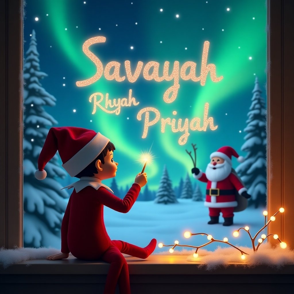 The image depicts an elf on the shelf, facing away from the viewer, gazing at the sky. He uses a wand to magically write in the sky. The background features a beautiful winter landscape illuminated by stunning northern lights. Santa Claus is seen in the distance, also engaged in the festive atmosphere. The names 'Savayah', 'Rhyah', and 'Priyah' are elegantly crafted in the sky with sparkling effects. The scene evokes a sense of wonder and joy associated with Christmas.