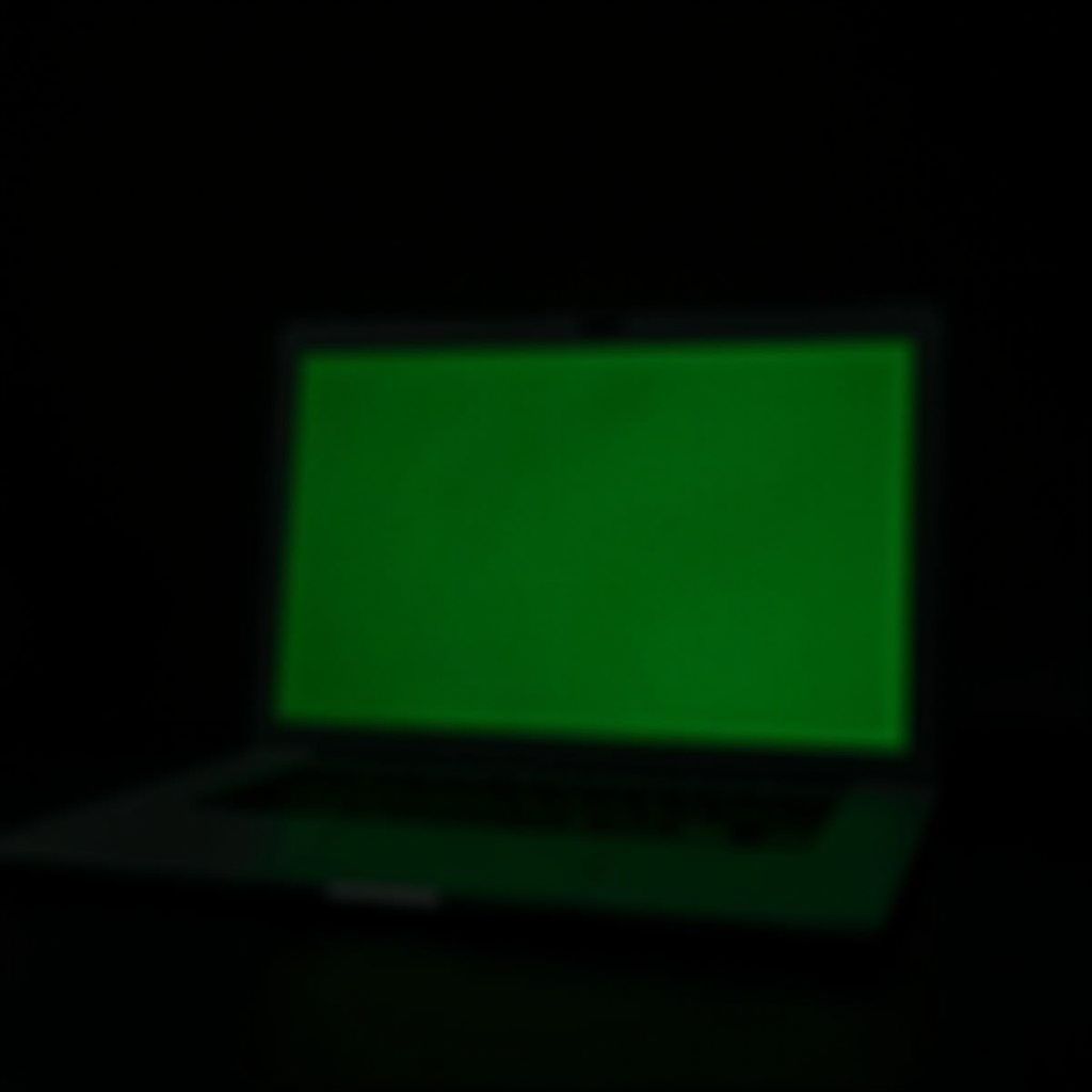 A laptop screen illuminated with a solid green color in a dark environment.