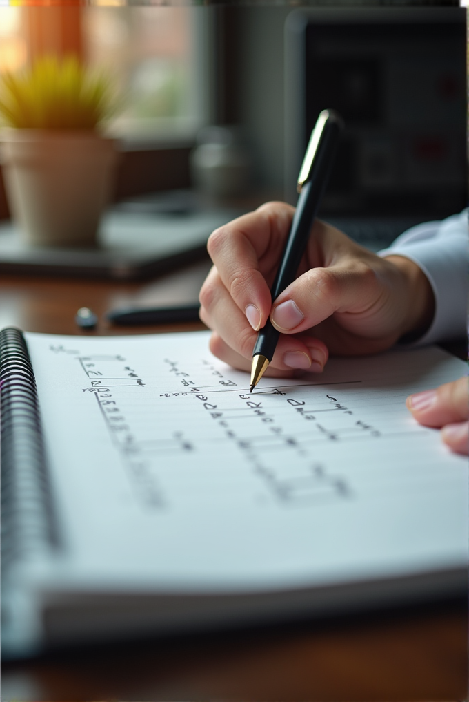 A person writes detailed, hand-drawn diagrams or notes in a spiral-bound notebook, with a blurred background of a plant and a laptop on a desk.