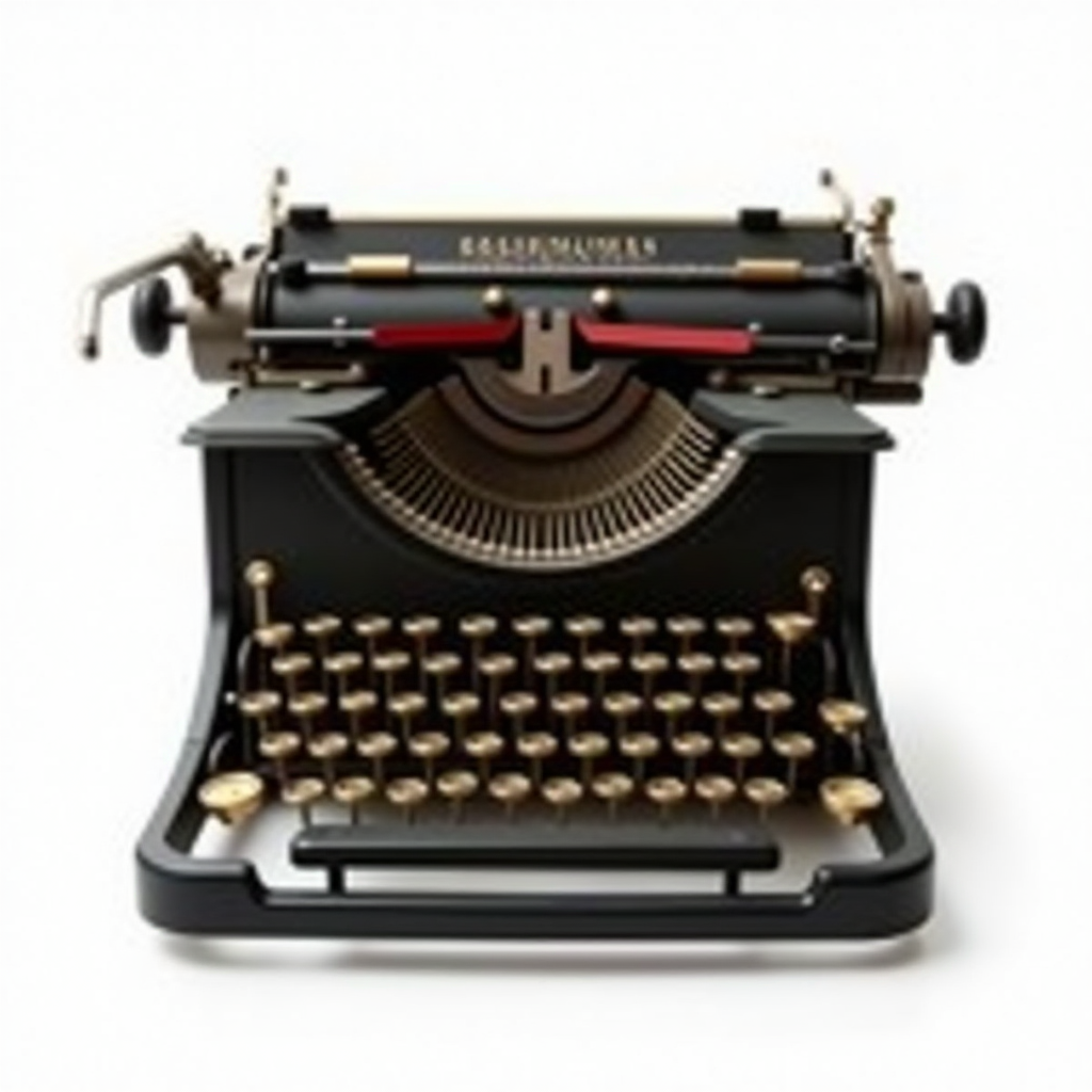 A black and gold classic typewriter with a striking design and round keys.