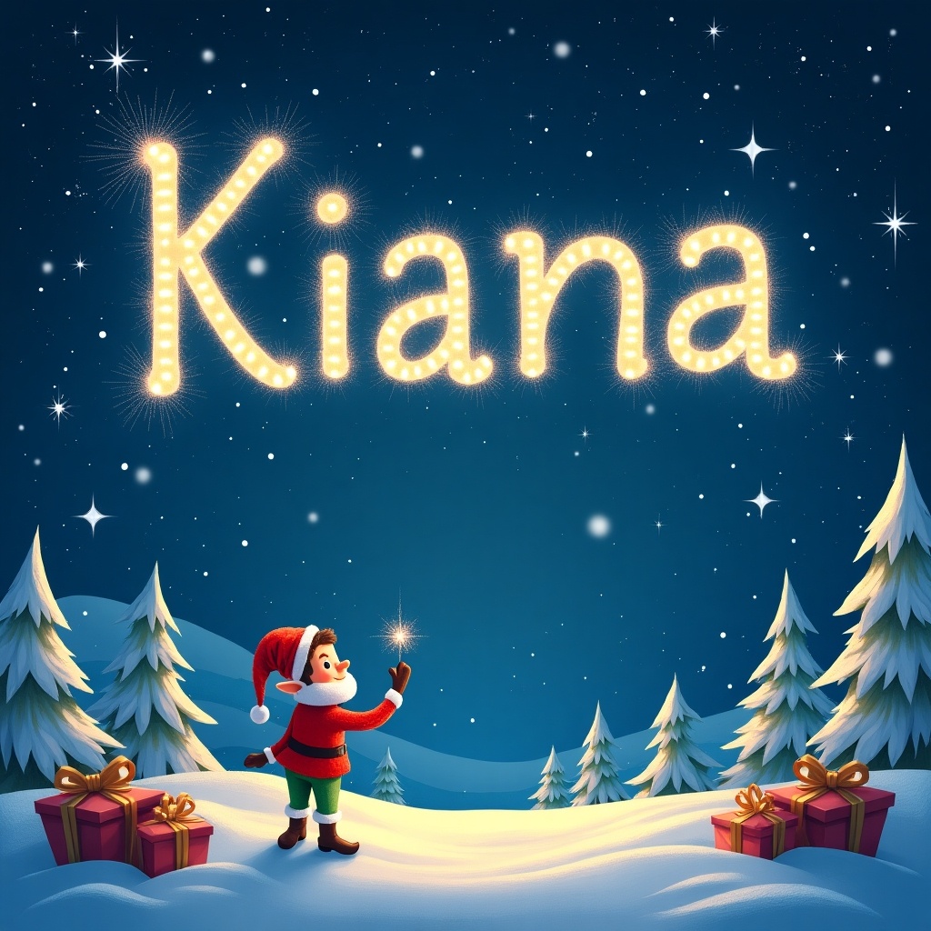 This image depicts a magical Christmas scene featuring a cheerful elf in a red outfit. The elf is joyfully writing the name Kiana in glowing letters in the night sky. Surrounded by snowy landscapes, pine trees, and beautifully wrapped gifts at its feet, the setting is joyful and festive. The soft illumination adds a sense of wonder to the scene. The overall atmosphere is enchanting, celebrating the joy of the holiday season in a whimsical way.