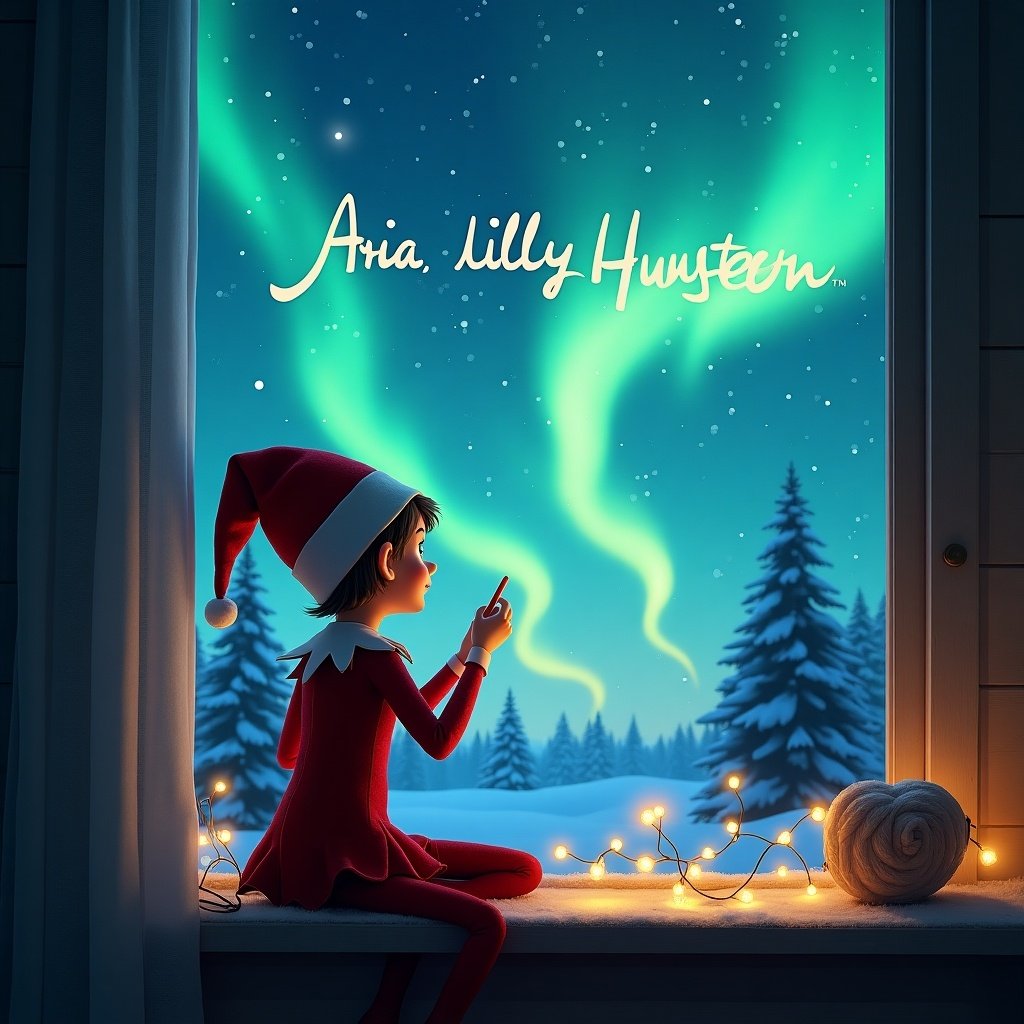 A whimsical scene depicting an elf sitting on a windowsill. The elf is looking out at the beautiful northern lights shining in the night sky. Soft fairy lights twinkle around the elf, creating a cozy atmosphere. The words 'Aria, Lilly Hunter See You Soon' are written in the sky, adding a personal touch. The elf's red outfit and Santa hat brings a festive charm to the scene. This enchanting depiction evokes feelings of wonder and excitement during the holiday season.