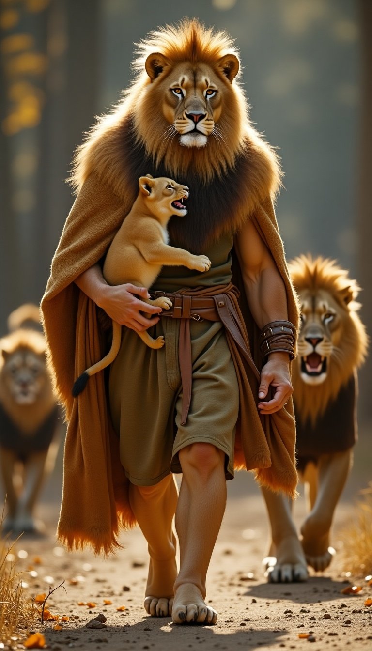 A majestic lion-human draped in a shimmering golden fur cloak walks with confidence. His mane flows like a radiant crown, and he carries a playful golden lion cub, its roars echoing softly as it gazes at the audience. The setting is a vibrant forest, where the sunlight casts an enchanting glow on the scene. The lion-human represents power and nobility, while the cub adds a sense of innocence. Their confrontation with an eagle-human hints at a battle for supremacy, showcasing the dynamics of both land and sky. The other lion-like figures in the background enhance the sense of community and tension.