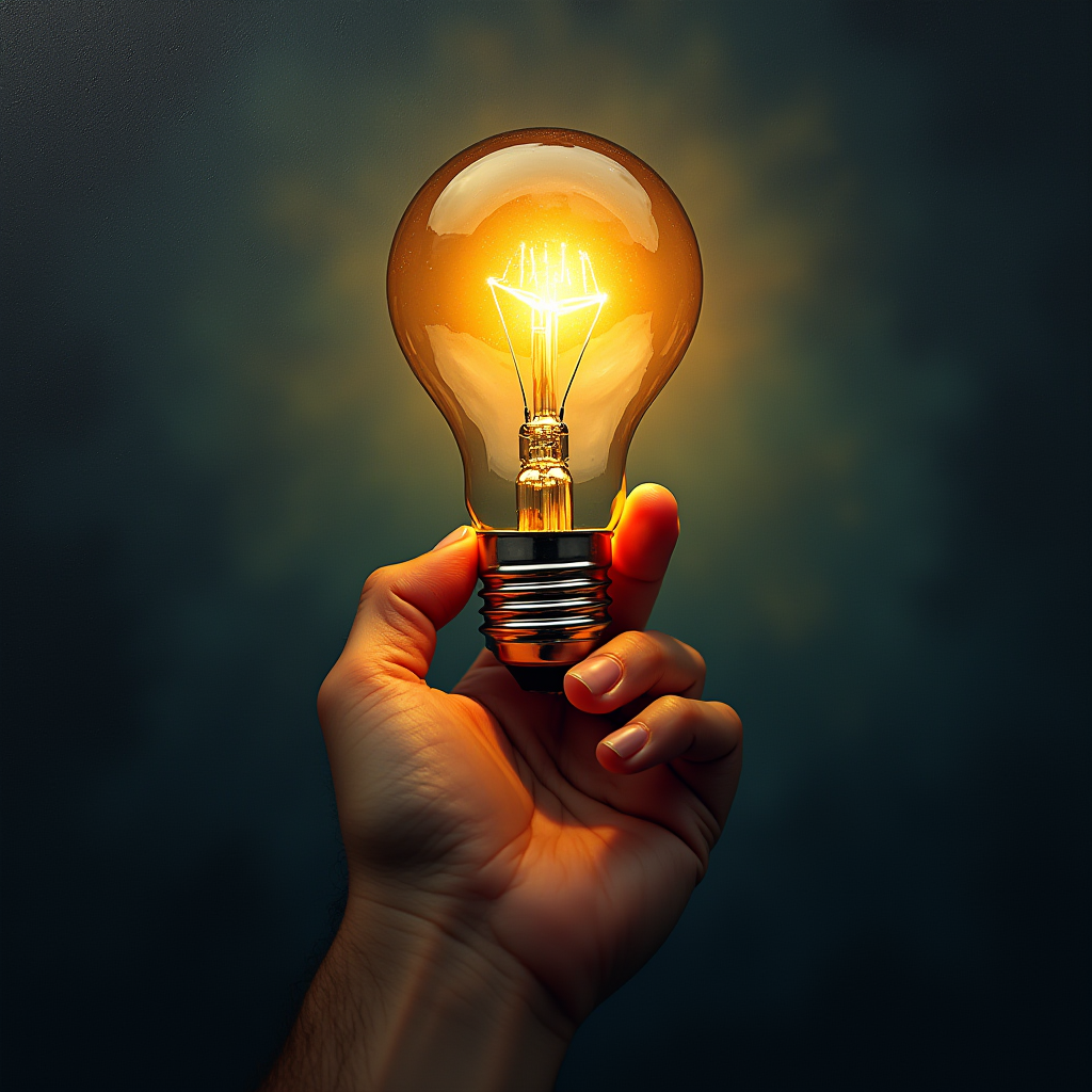 A hand gently holds a glowing light bulb against a dark background, casting a warm, radiant glow.