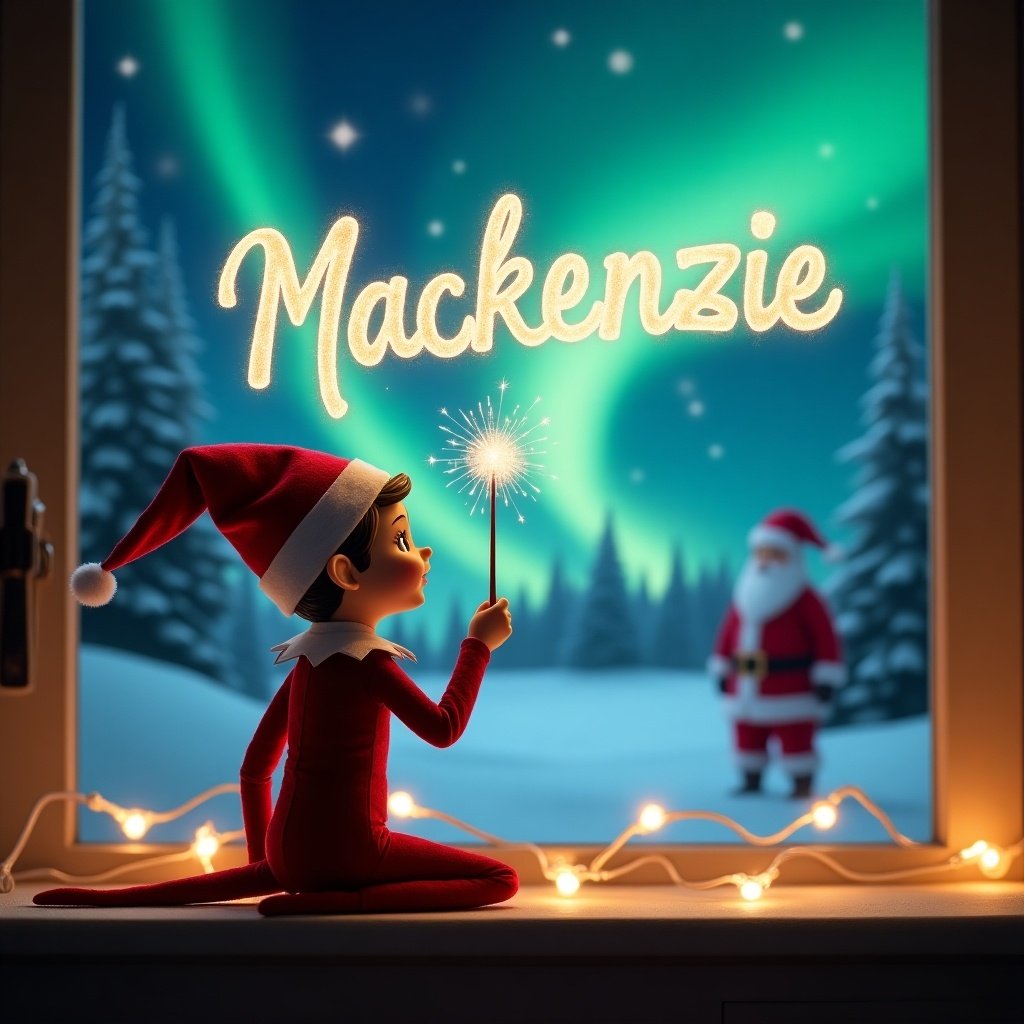 The image showcases a festive scene featuring an elf on a shelf, who is visually engaged in a magical moment. Sitting with its back to the viewer, the elf holds a wand, crafting the name 'Mackenzie' in sparkling letters. The beautiful northern lights create a stunning backdrop, filling the scene with color and enchantment. In the distance, Santa Claus can be seen, enhancing the Christmas atmosphere. Soft glowing lights add to the whimsy and warmth of the setting, making it perfect for children and families celebrating the holiday season.