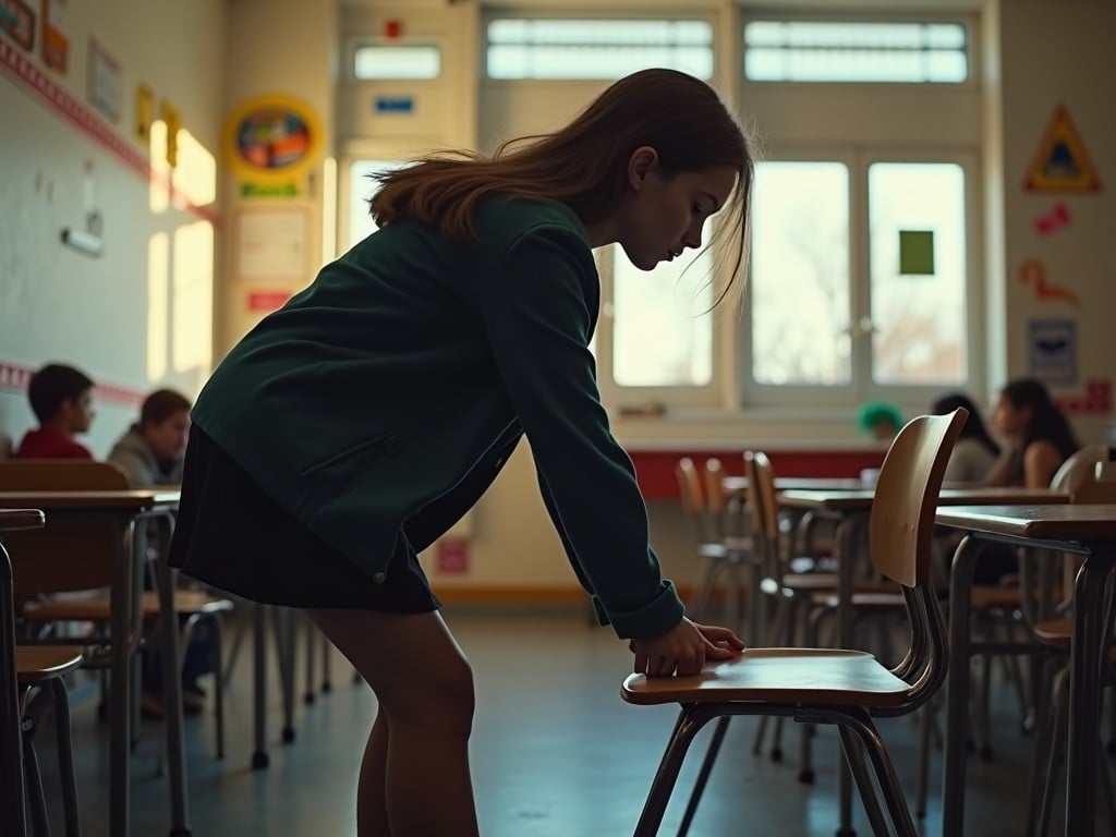 This image captures a silhouette of a young student standing beside a classroom chair. The soft lighting through the window creates a contemplative mood. The blurred presence of other students in the background adds depth and context to the scene.