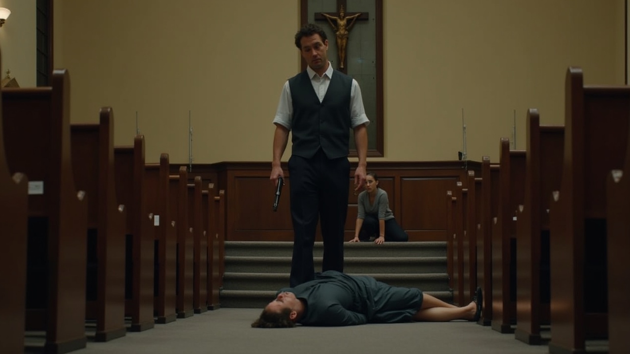 This image depicts a dramatic and emotional scene in a church setting. In the foreground, a woman lies on the floor, appearing lifeless, while a man stands over her, holding a gun loosely in his hand. His expression is blank, reflecting shock and disbelief at his actions. Behind them, another woman is seen kneeling with her head down, indicating grief and despair. The dim lighting adds to the somber atmosphere, making the entire scene feel tense and heart-wrenching. The church setting underscores the tragedy of the event, contrasting the sacred space with the violence that has occurred.