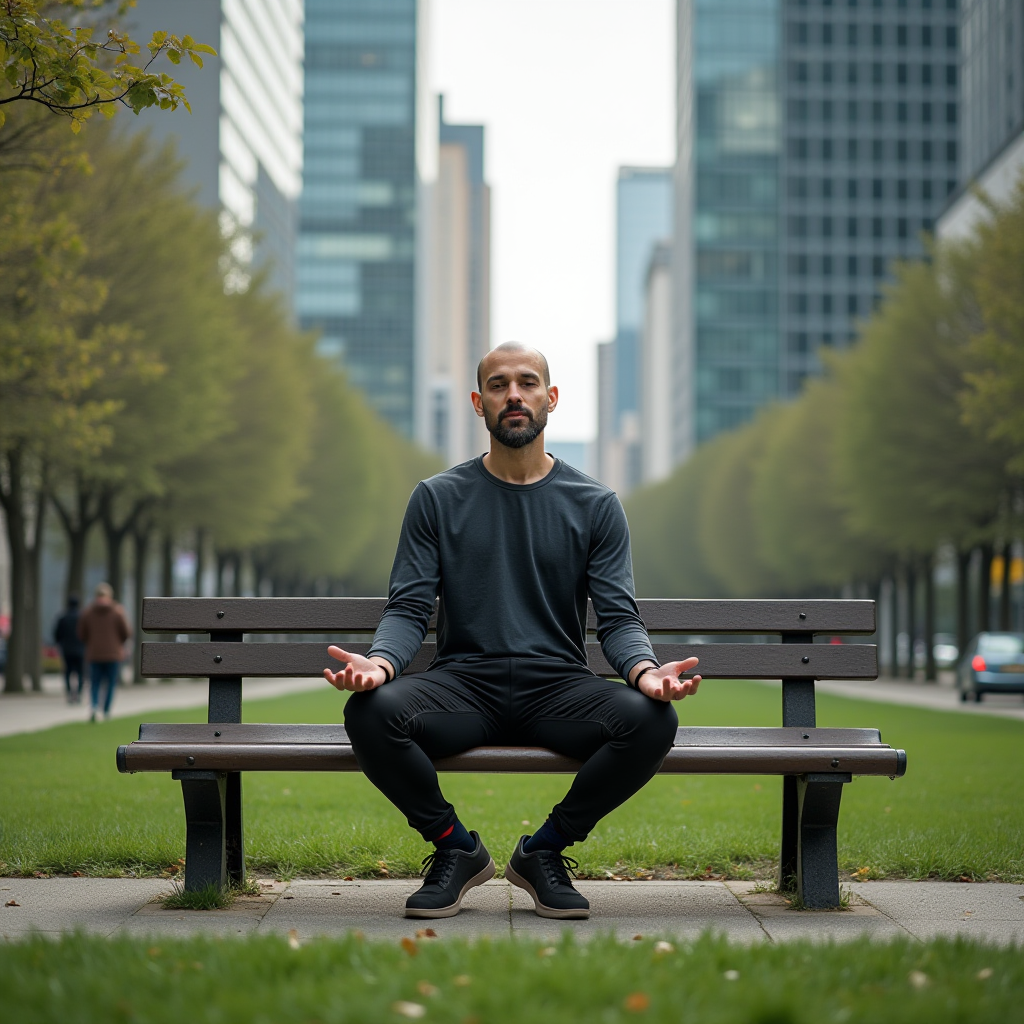 A man meditates on a city park bench, balancing tranquility with the bustling cityscape in the background.