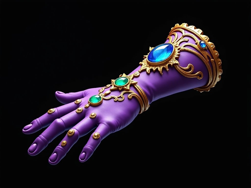 The image shows a detailed and ornate purple glove adorned with several colorful gems. The gems are designed in different shapes and sizes, prominently featuring a large blue gem in the center. The glove has intricate golden designs etched into its surface, adding to its decorative appeal. It appears to be a magical or fantastical item, likely intended for a character in a game or story. The background is completely black, emphasizing the glove's vibrant colors and elaborate features.