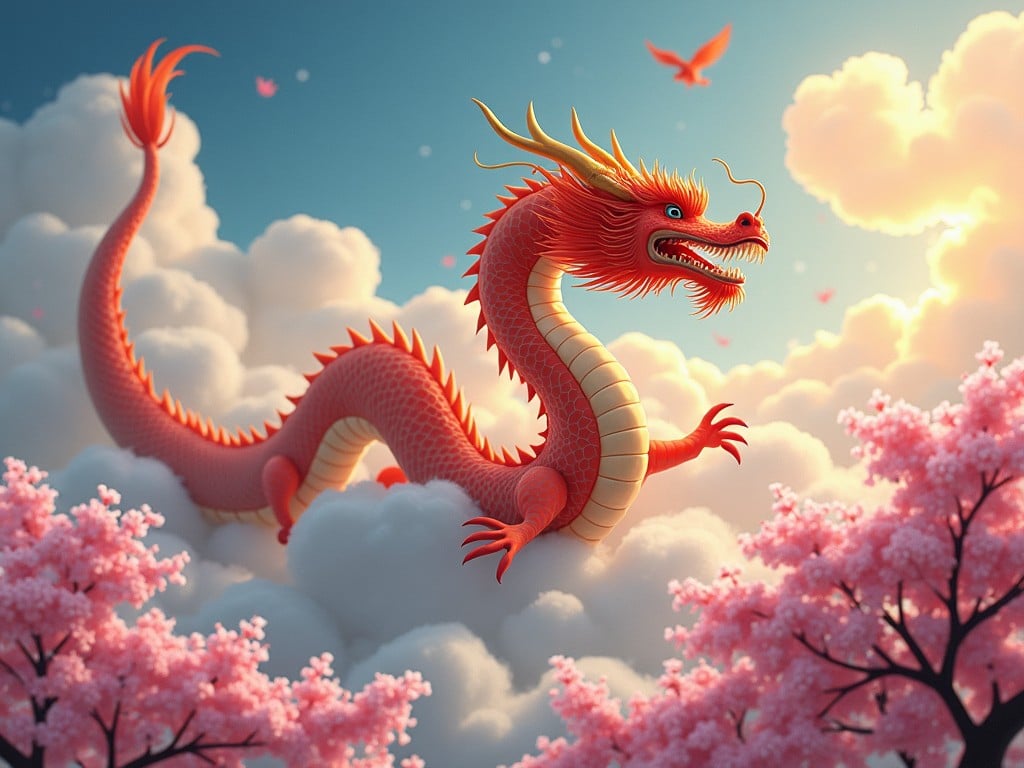 A vibrant red dragon, known as a Chinese long, glides gracefully through fluffy clouds. Its scales shimmer in the warm light of a fantastical sky, accentuated by soft pink cherry blossoms below. The dragon has a majestic and fierce expression, with long, flowing whiskers and sharp claws. Birds can be seen fluttering in the background, adding a sense of life to the scene. Overall, the artwork combines elements of fantasy and traditional Chinese culture, creating an enchanting atmosphere.