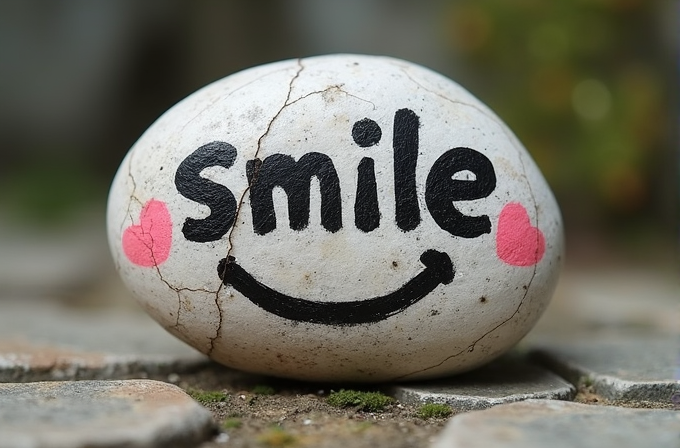 A stone painted with the word 'smile' and pink hearts resting on cobblestones.