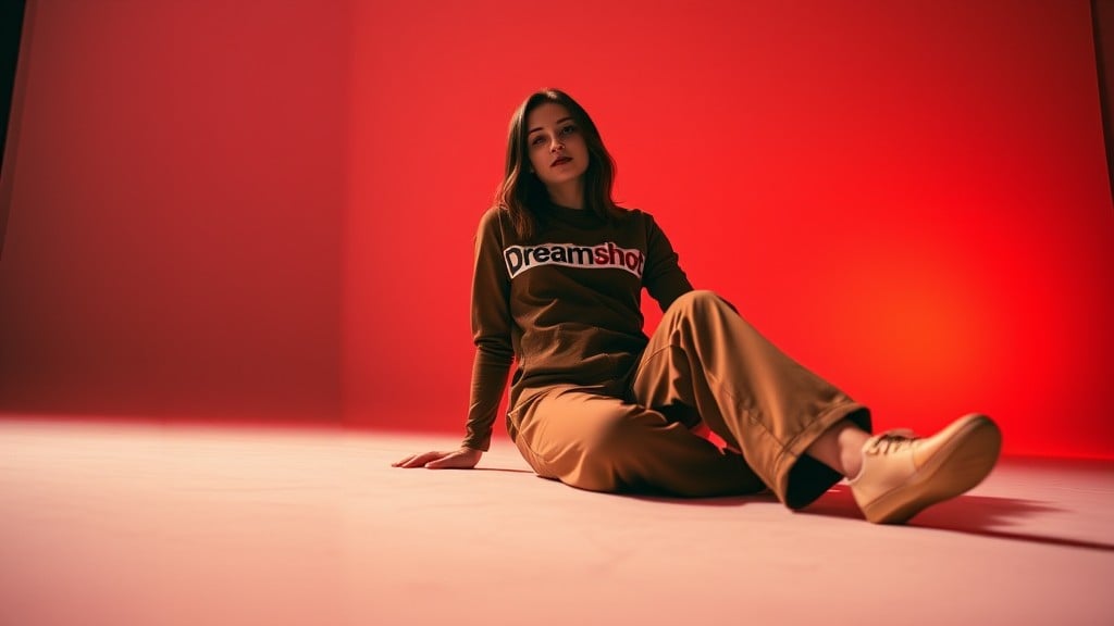 A person sits relaxed on the floor in a red-lit room wearing casual attire, featuring a shirt emblazoned with 'Dreamshop.'