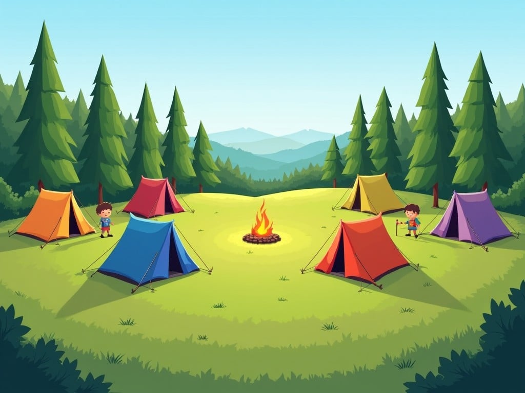 This image features a vibrant and cheerful scouts campsite. There are several colorful tents arranged in a circle around a central campfire. The landscape is filled with lush green trees and mountains in the background. Children are scattered around the campsite, engaged in various camping activities. The bright blue sky sets a joyful tone for this outdoor adventure scene.