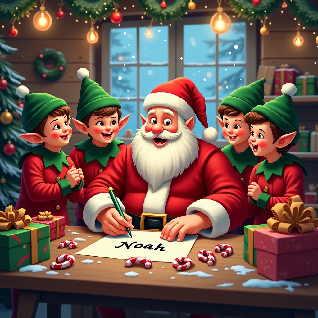 This image captures a lively Christmas scene inside a festive workshop. Santa Claus is at the center, writing the name 'Noah' with a cheerful expression. Surrounding him are smiling elves wearing green hats and red outfits, all engaged in the holiday spirit. The table is adorned with brightly wrapped presents, candy canes, and other colorful decorations. Snow falls softly outside the window, adding to the cozy winter atmosphere. Warm lights twinkle throughout the workshop, enhancing the joyful mood of the season.