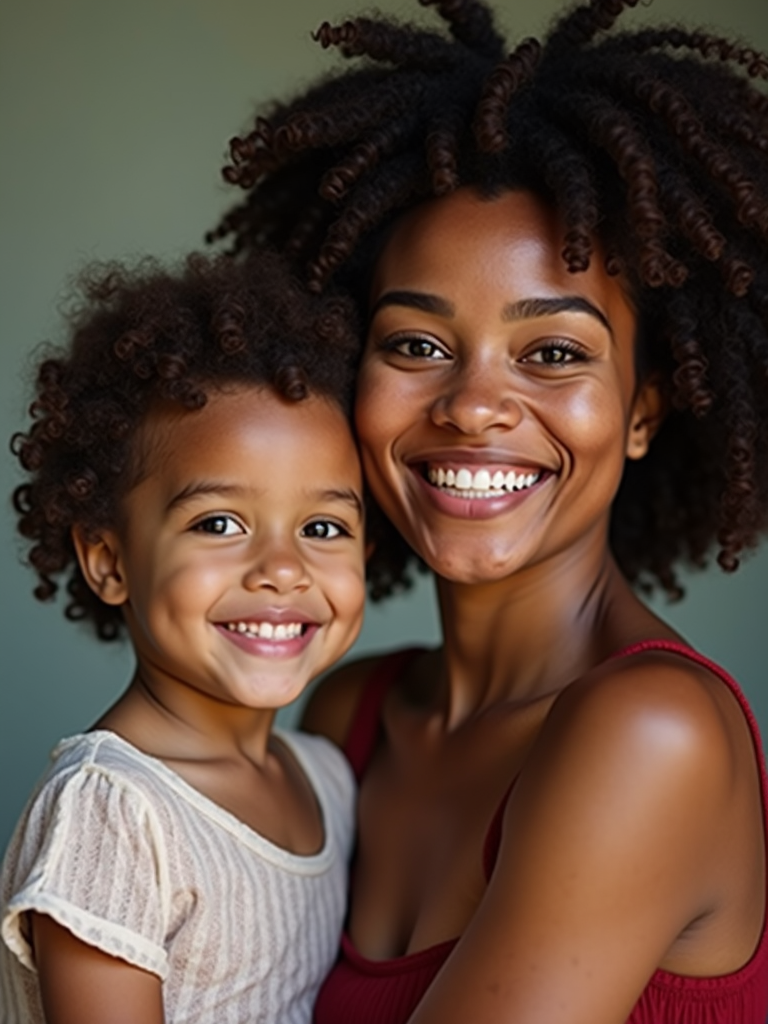 A mother and child share a joyful embrace with bright smiles, showcasing their close bond and natural curls.