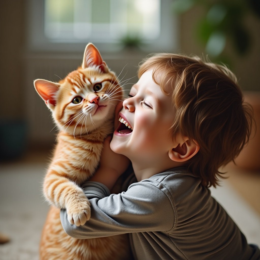 A little boy with curly hair is joyfully hugging an orange tabby cat. They are sitting in a cozy room filled with soft light. The child is laughing with pure happiness, and the cat appears relaxed and comfortable in his arms. The setting looks warm and inviting, with a soft rug beneath them and plants in the background. This heartwarming scene captures the delightful bond between children and their pets.