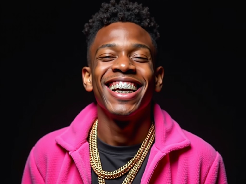 The image depicts a young man smiling broadly, showcasing a set of shiny grills on his teeth. He has a distinctive hairstyle with short, curly hair. His outfit consists of a bright pink jacket over a dark shirt, which adds to his vibrant look. There are multiple gold chains around his neck, enhancing his stylish appearance. The background is mostly black, which creates a strong contrast that highlights his features and attire.