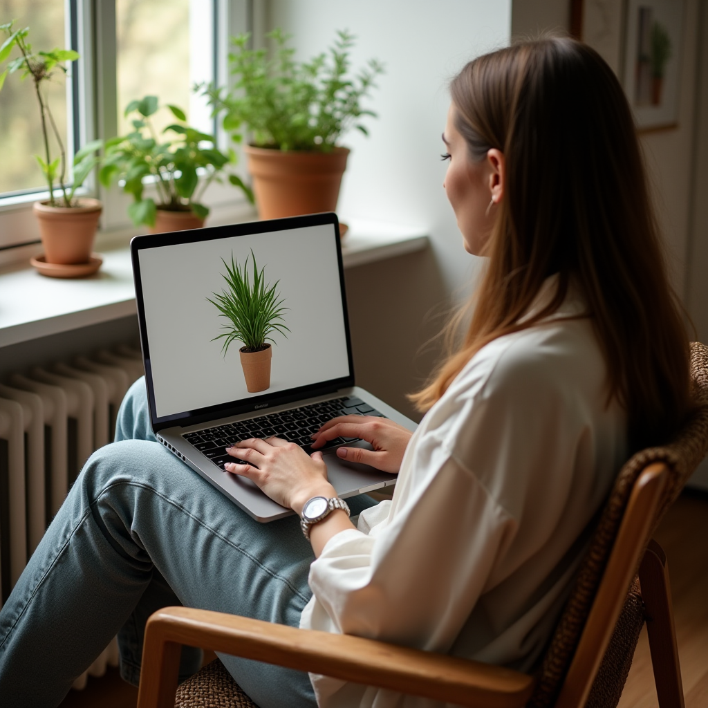 A woman sits in a cozy, plant-filled room, viewing a digital plant image on her laptop.