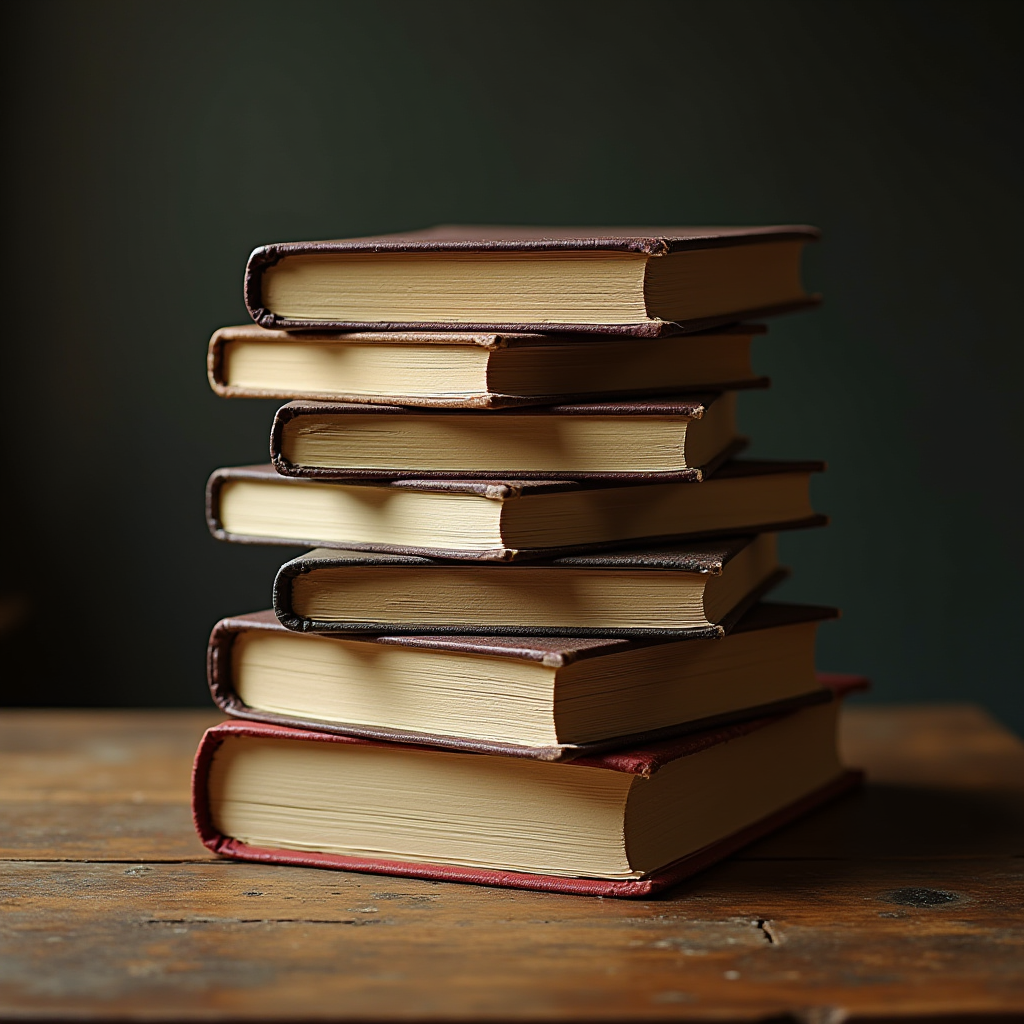 A stack of old, hardcover books placed on a wooden table.