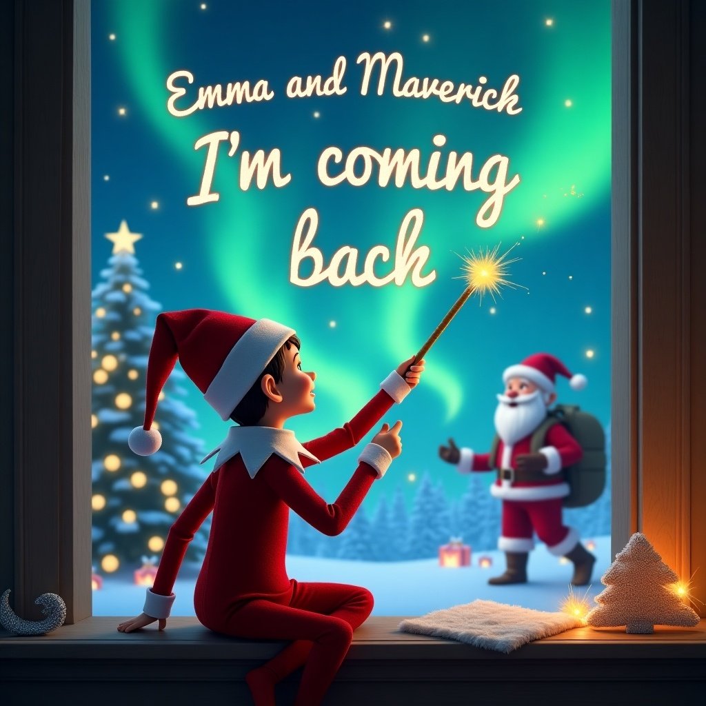 The image portrays an enchanting Christmas scene featuring an elf on the shelf. The elf is facing the sky with his back to the viewer, using a wand to write 'Emma and Maverick I’m coming back' in glowing letters. In the background, there are beautiful northern lights illuminating the night sky. Santa Claus can be seen in the distance, carrying a bag of presents. The setting is cozy, with a Christmas tree adorned with lights and decorations visible nearby. This image captures the magic and joy of the holiday season.