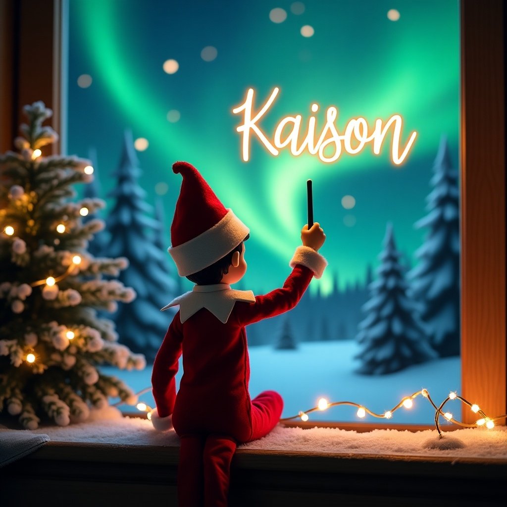 An enchanting Christmas scene features an elf on the shelf, facing the sky with his back to the viewer. The elf is dressed in traditional red and white and holds a magic wand. He is writing 'Kaison' in glowing script above his head. The background showcases vibrant northern lights, adding to the magical atmosphere. Soft, warm lights twinkle around the scene, enhancing the holiday spirit. This moment captures wonder and excitement, perfect for celebrating the joy of the holiday season.