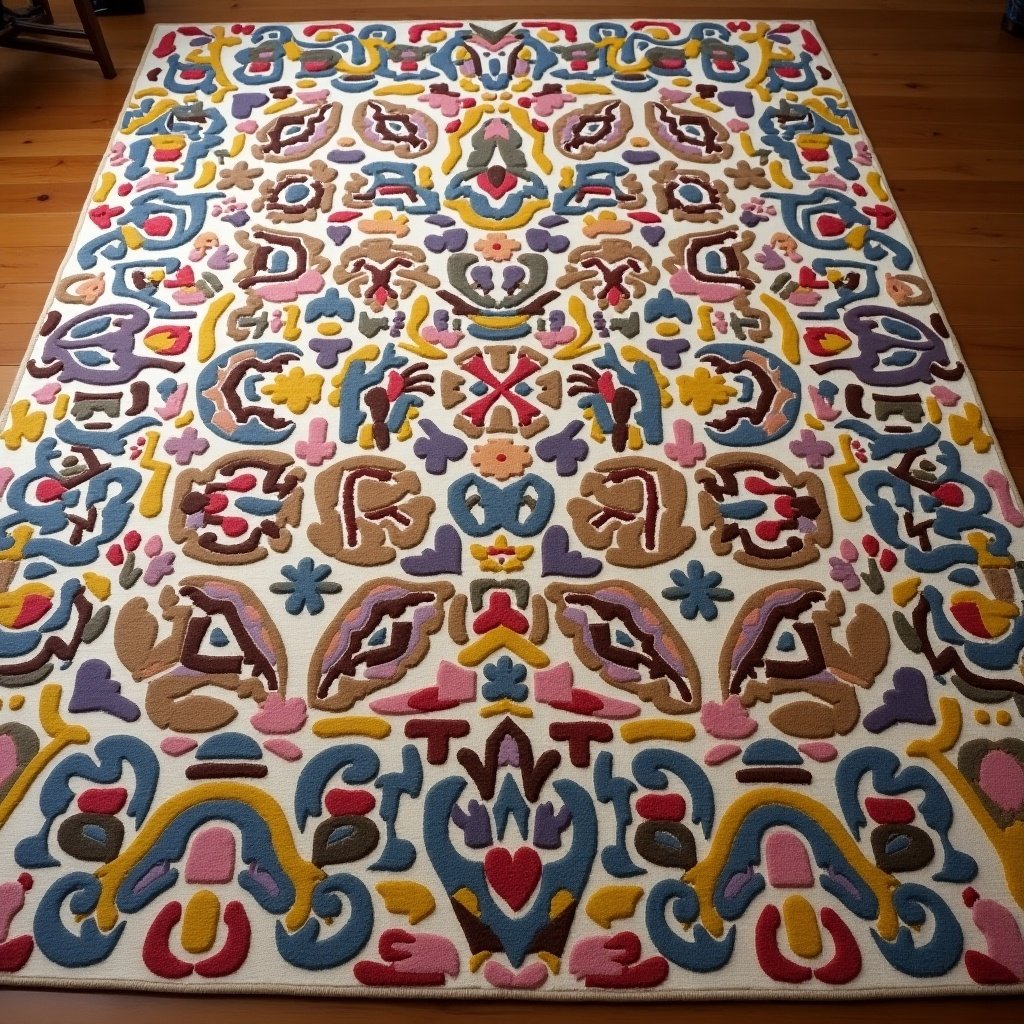 This image showcases a stunning handmade tufted rug with an intricate design. The rug features a harmonious blend of vibrant colors, including pink, yellow, and blue. Its elaborate patterns are reminiscent of traditional textile artistry. Ideal for adding a touch of elegance and color to any room. The rug is displayed on a wooden floor, highlighting its textures and designs beautifully.