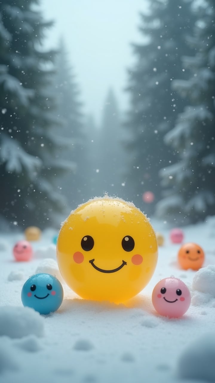 Colorful smiling balls sit joyfully in the snow amid tall, snow-covered trees.