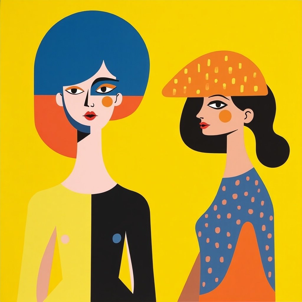 This image features two stylized women against a bright yellow background, showcasing a modern design aesthetic. Each woman has unique hairstyles and outfits that reflect contemporary fashion trends. One woman is winking, adding a playful touch to the composition. The colors used are bright and bold, with deep blue and vibrant orange accents. This artwork embodies the Swiss design philosophy, focusing on simplicity and clarity while being colorful and engaging.