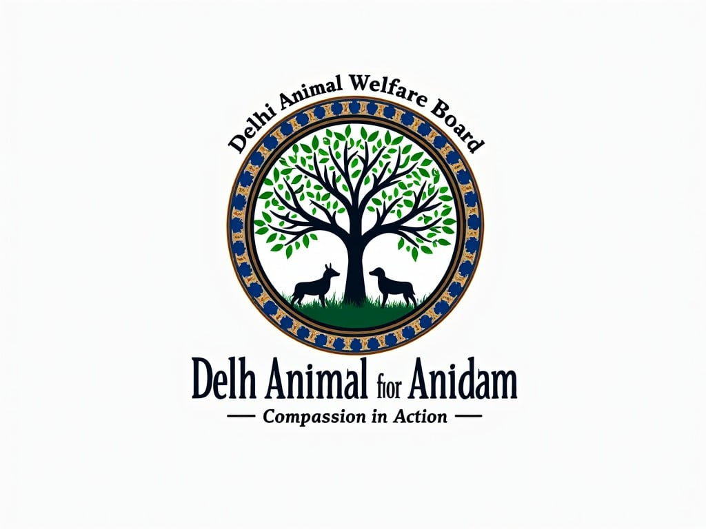 A logo with a central tree, featuring silhouettes of two animals beneath it, surrounded by a decorative border with paw prints and text reading 'Delhi Animal Welfare Board' and 'Compassion in Action'.