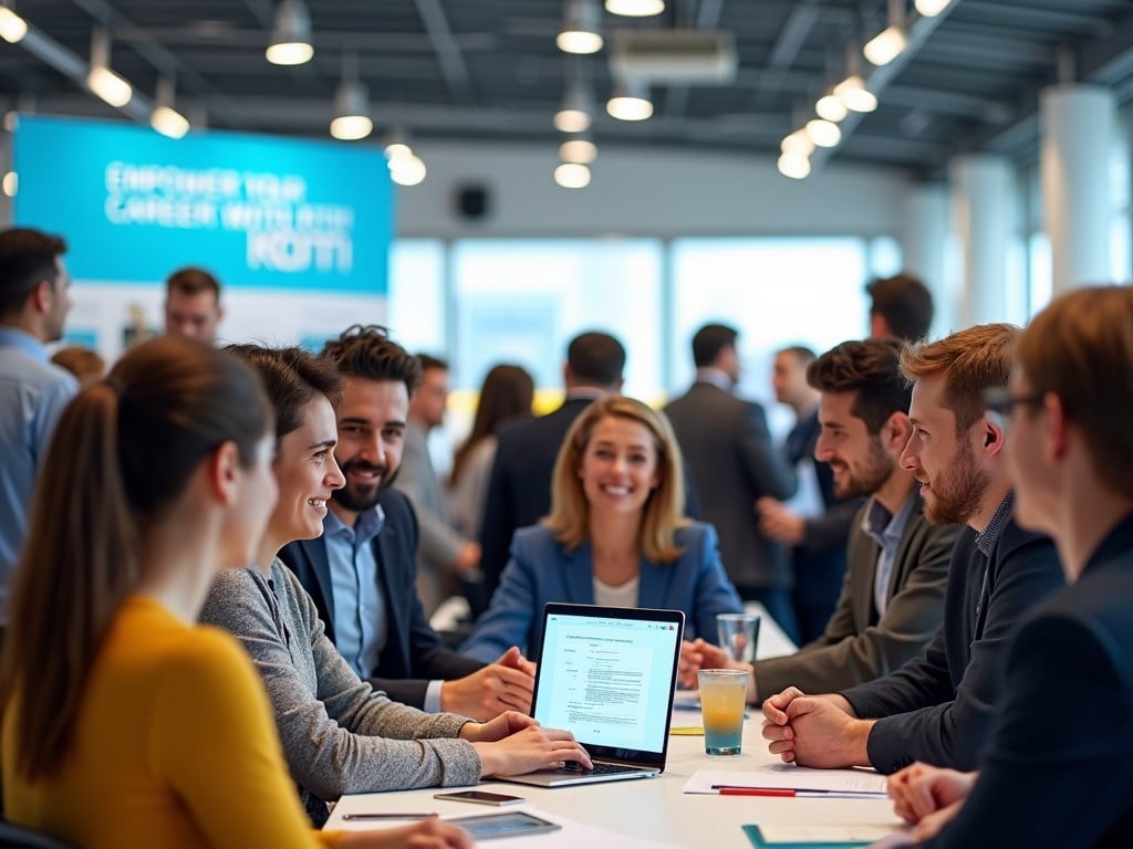 A group of professionals engaged in a business meeting in a modern office setting. The atmosphere is lively, showcasing individuals focused on discussions and collaboration. Several people are seated at a table with laptops and documents spread out. Attendees are dressed in business attire, conveying a professional environment. The background features a bustling office space with groups interacting. The lighting is bright, suggesting a productive and positive meeting atmosphere.