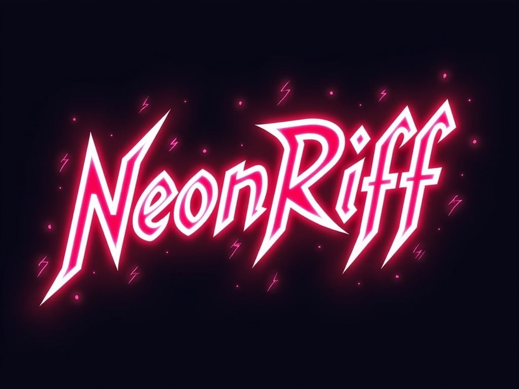 Create a logo for a rock band named 'NeonRiff.' The logo should convey energy and power using neon colors. The letters should have sharp edges and a lightning bolt effect. Incorporate a fiery background to complement the bold typography. The overall design must appeal to rock music fans and fit well on merchandise such as T-shirts and posters.