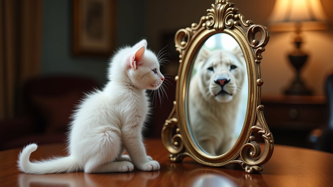 A playful scene in a cozy room featuring a white kitten looking at a majestic lion's reflection in an ornate mirror.