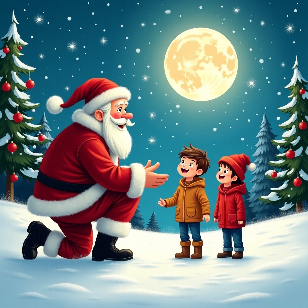 In a snowy winter wonderland, Santa Claus kneels before two excited children. They are mesmerized as Santa magically writes their names in the sky. The bright moon illuminates the scene, casting a soft glow on the snow-covered ground. Fluffy snowflakes gently fall, enhancing the magical atmosphere. Santa wears his traditional red suit with a fluffy white trim, spreading holiday cheer as he interacts with the eager children. Nearby, the evergreen trees are adorned with red ornaments, adding to the festive charm. This illustration captures the essence of Christmas joy and wonder.