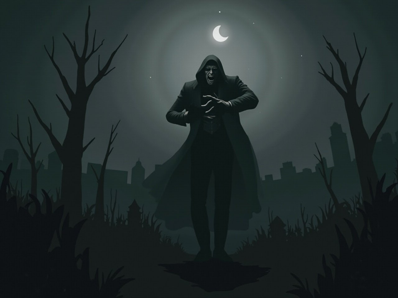 The image depicts a dark, haunting landscape during nighttime. A menacing figure in a cloak stands prominently, with hands raised as if casting a spell. The moon shines brightly behind him, illuminating the trees and distant buildings. The atmosphere is eerie, with shadows creeping in the foreground. The overall color scheme consists of dark greens and blacks, enhancing the ominous feel of the scene.