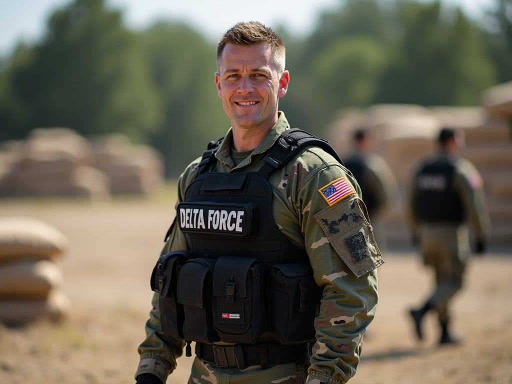 The image depicts a soldier from Delta Force standing confidently in a military training environment. He is wearing a tactical vest with 'DELTA FORCE' visibly displayed. The background includes military equipment and other soldiers engaged in training. The soldier has an approachable smile, depicting confidence and readiness. Natural daylight brightens the scene, emphasizing the soldier’s professionalism and composure. The environment appears calm yet suggests an intense training atmosphere.