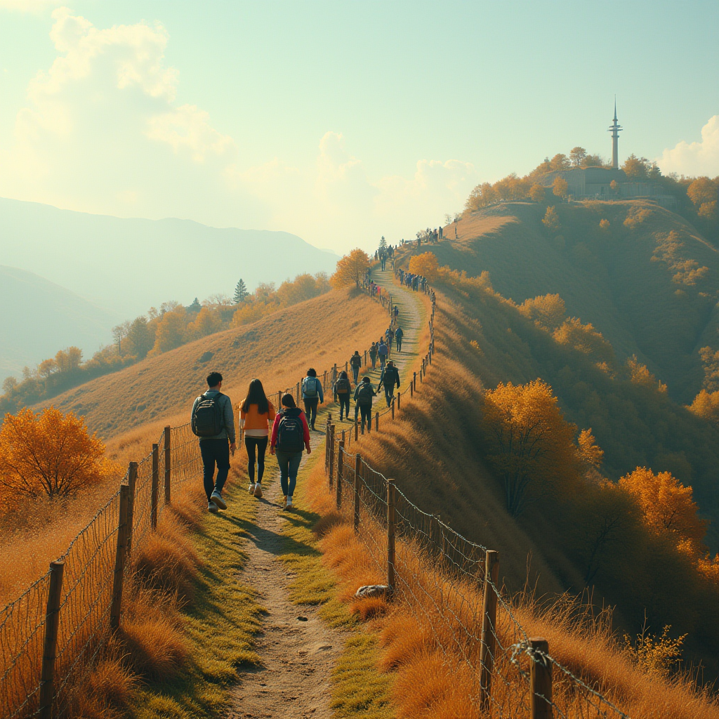 People are hiking along a scenic ridge covered in autumn foliage, with a tower visible on a distant hill.