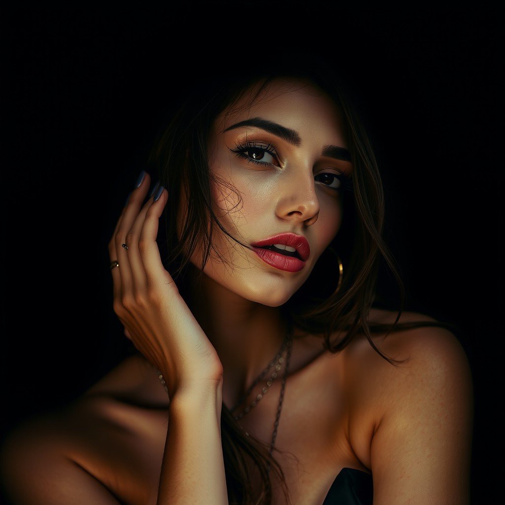 A portrait of a woman with captivating eyes, softly lit against a dark background.