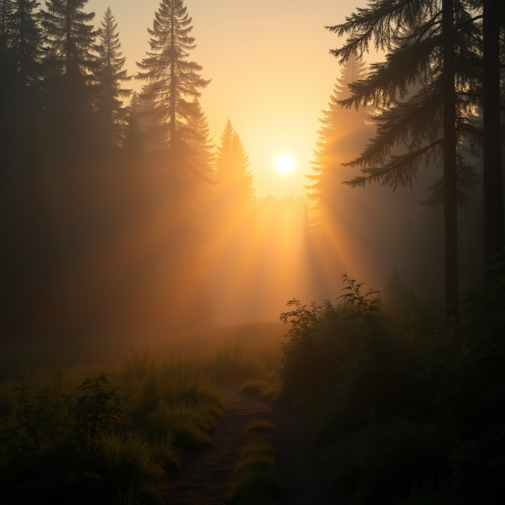 This image captures a serene forest scene at sunrise. Tall pine trees line the path, their silhouettes darkened by the warm, golden light of the rising sun. Sunbeams pierce through the mist, illuminating the morning fog with a soft, ethereal glow. The foreground is filled with lush greenery, adding depth and contrast to the composition. The atmosphere is tranquil, evoking a sense of peace and connection with nature.