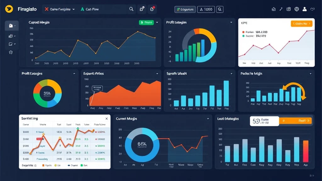 A colorful and interactive business analytics dashboard displaying various charts and graphs for financial analysis.