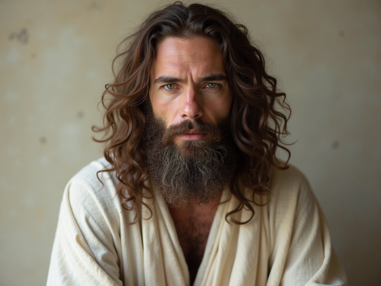 The image features a male figure with long, curly hair and a full beard. He has a serene expression and piercing eyes that convey a sense of wisdom. The subject is draped in a light, flowing garment that adds to the ethereal quality of the portrait. The background is softly lit and neutral in color, enhancing the focus on his face. The overall mood is calm and introspective, emphasizing the subject's enigmatic presence.