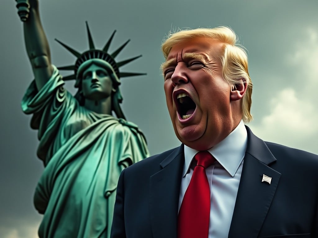 The image captures a dramatic scene with Donald Trump yelling in front of the iconic Statue of Liberty. The background features moody, overcast skies that enhance the intensity of the moment. Trump's expression is one of fervor, conveying strong political emotions. The Statue of Liberty looms in the background, representing freedom and democracy. This hyper-realistic portrayal emphasizes the tension in contemporary political discourse.